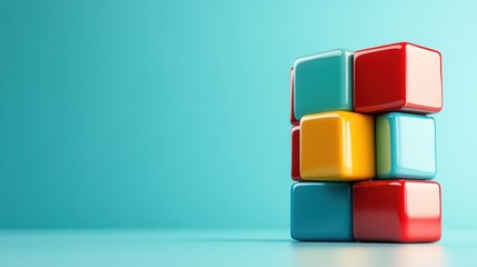 Obraz premium A charming arrangement of colorful building blocks stacked playfully against a vibrant teal backdrop, evoking feelings of creativity, fun, and playful exploration.