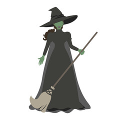 Vector art of The “Wicked Witch of the west” with her tricorn hat and magic broom.Reminiscent of the Wizard of Oz and other fairy tales.