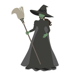 三角帽子を被り、箒を持った緑の肌の悪い魔女。オズの魔法使いのイメージから。