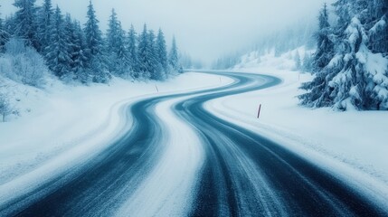 A mesmerizing view of a winding road covered in snow, flanked by tall pine trees, evoking a sense of peace and serenity in a winter wonderland landscape.