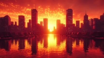Obraz premium Fiery sunset over a city skyline reflected in calm water. Warm orange and red hues dominate the scene.