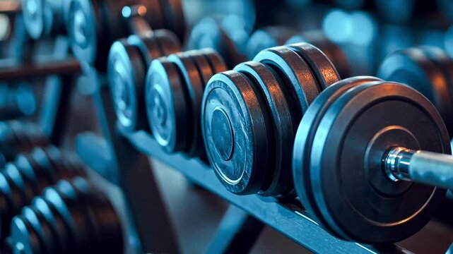 rack of dumbbells against the background of a gym