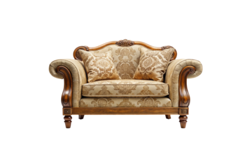 Elegant upholstered armchair with wooden accents and patterned cushions isolated on white