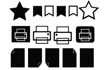 Collection of Star, Bookmark, Printer, and Document Icons in Minimal Style