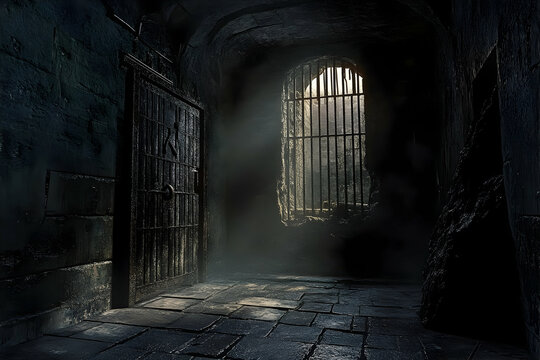 Dark, damp dungeon passageway with barred window.