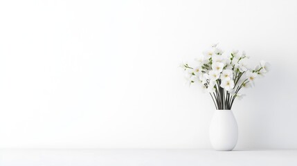 A simple white vase holds a bouquet of delicate white flowers against a minimalist white wall.