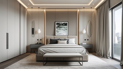 Neutral colors clean surfaces and sleek lines define this calm bedroom