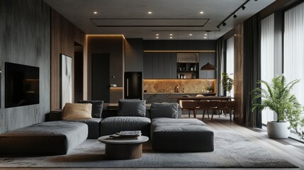 Modern Dark Interior Design: Luxurious Living Room and Kitchen