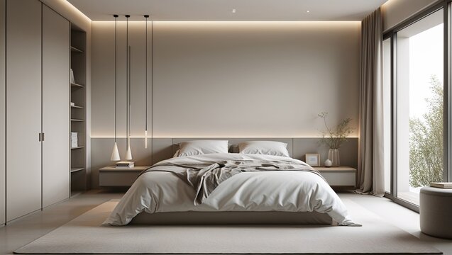 Neutral hues and simple forms create a tranquil minimalist bedroom