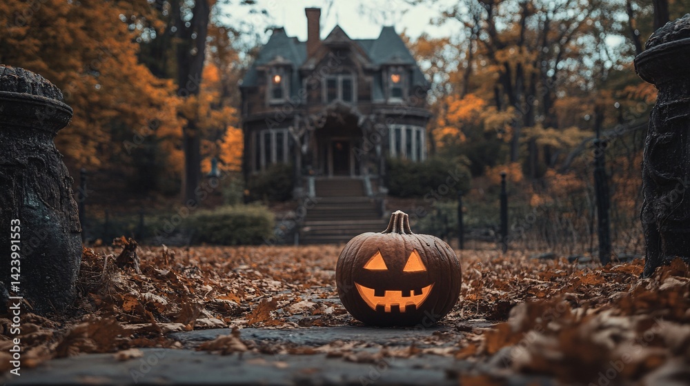 Aufkleber spooky house in the background with a carved pumpkin and glowing eyes on a path covered with fall le