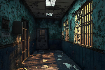 Decaying prison hallway, illuminated by fading sunlight.