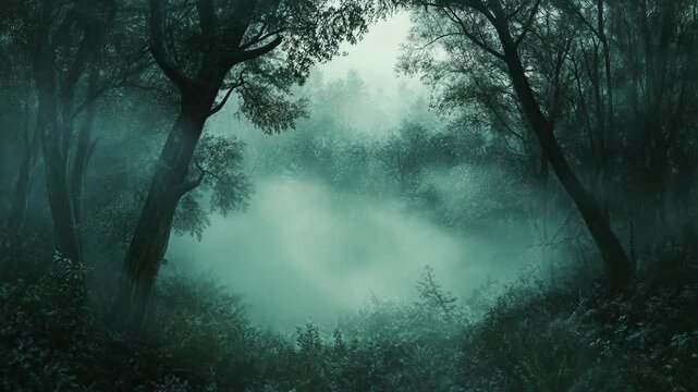 Dense fog covering a dark forest