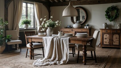 Oak table breathing under soft linen folds