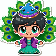 A stylized cartoon boy in vibrant peacock inspired clothing and headwear.