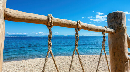 Obraz premium Wooden Rope Barrier with Ocean View Under Bright Blue Sky on a Sunny Day