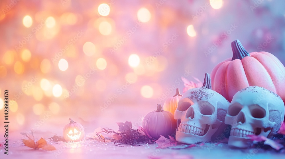 Poster two halloween skulls and pumpkins sitting on a sparkling surface with a pink and blue bokeh backgrou