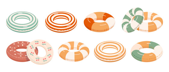 Set of colorful inflatable swim rings in flat style. Summer pool floats with stripes, patterns, fun designs for beach, vacation, and water activities. Vector illustration on white background.