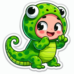 A digital illustration of a child wearing a cheerful lizard costume.