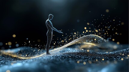 Digital human form embraces light particles in abstract space virtual environment futuristic concept mystical viewpoint