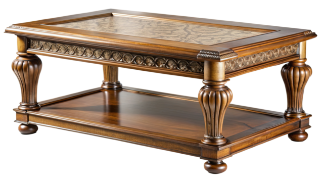 Elegant brown wood coffee table with decorative carvings and shelf below