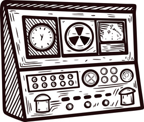 Retro control panel with clock and radiation symbol display in vintage.