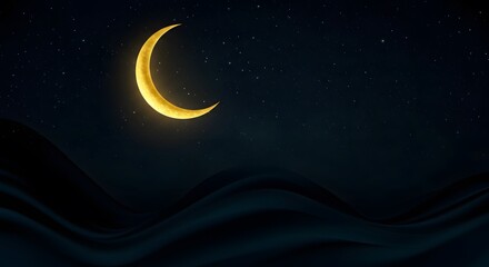 Crescent Moon Glows in Starry Night Sky Over Dark Landscape