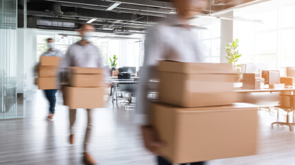 Workers carrying belongings from office space, symbolizing transition, relocation, or downsizing in a corporate environment, reflecting workplace changes and employee adaptability.
