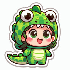 Obraz premium A cheerful cartoon girl in a vibrant green dinosaur costume, designed in a stylized, kawaii aesthetic.