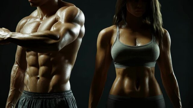 Athletic muscular woman and man torsos on a dark background. Concept for a gym or fitness training