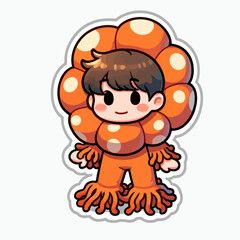 Naklejka premium A digital illustration of a small, cheerful character wearing an orange flower-like costume.