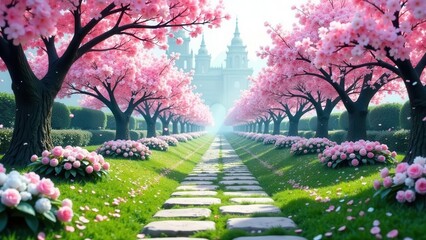 A Serene Pathway Lined with Blossoming Cherry Trees Leading to a Majestic Structure