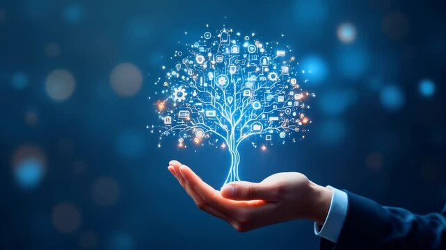 Technology tree with icons growing from businessma's hand
