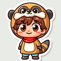 Obraz premium A cheerful cartoon boy is wearing a delightful raccoon costume, showcasing a stylized design.