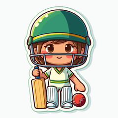 A cartoon depiction of a young girl, wearing a cricket uniform and helmet, holding a bat and ball,  posing for a sports sticker or image.