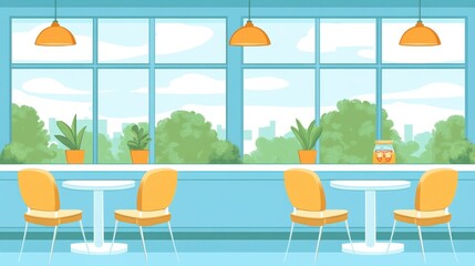 Fototapeta premium Pixel art cafe interior with large windows overlooking a cityscape, featuring light blue walls, yellow chairs, and potted plants.