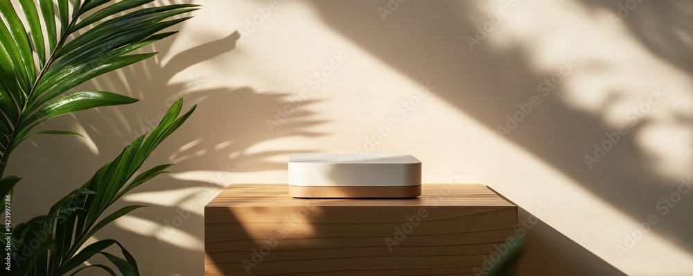 Aufkleber contemporary smart home device sits on a wooden table with indoor plants creating shadows in the bac