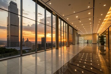 Obraz premium Modern office interior with cityscape view at sunset through large windows