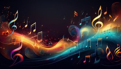 abstract beautiful multicolored music notes with copy space background banner, graphic resource