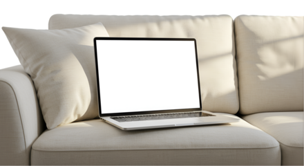 Laptop mockup beige couch sunlight