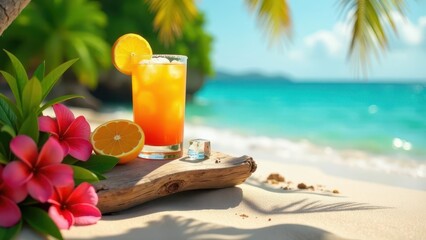 Obraz premium Tropical Beach Paradise Refreshing Iced Beverage on Driftwood with Vibrant Flowers and Ocean View