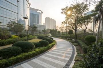 Serene morning at a modern corporate park with winding pathway