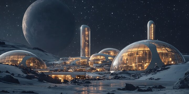 Futuristic moon base complex includes illuminated glass biodomes and sleek towers on a cratered surface, with a large celestial body dominating the starry sky.  