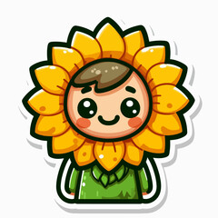 A cheerful cartoon boy is wearing a sunflower costume, exhibiting a cute and happy expression.