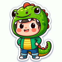 A cheerful cartoon child wearing a vibrant green dinosaur head and tail costume, full body shot.