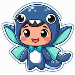 A cartoon drawing of a young child dressed in a friendly-looking sea dragon costume.