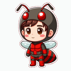 A cheerful cartoon boy, dressed in a vibrant red and black bee costume, suitable for a halloween celebration.