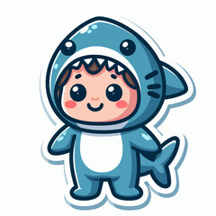 A digitally rendered, cartoonish child in a vibrant blue shark costume, exhibiting a cheerful expression.