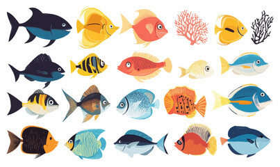 Naklejka premium Colorful Sea Fish Cartoon Vector Set with Coral and Oceanic Creatures in Minimalist Style