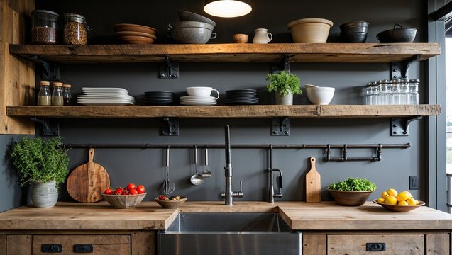 Rough wood shelves and metal details bring industrial flair to the kitchen