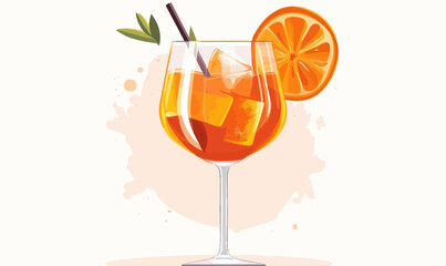 Minimalist Aperol Spritz Summer Cocktail Illustration with Orange Slice and Ice in Flat Style